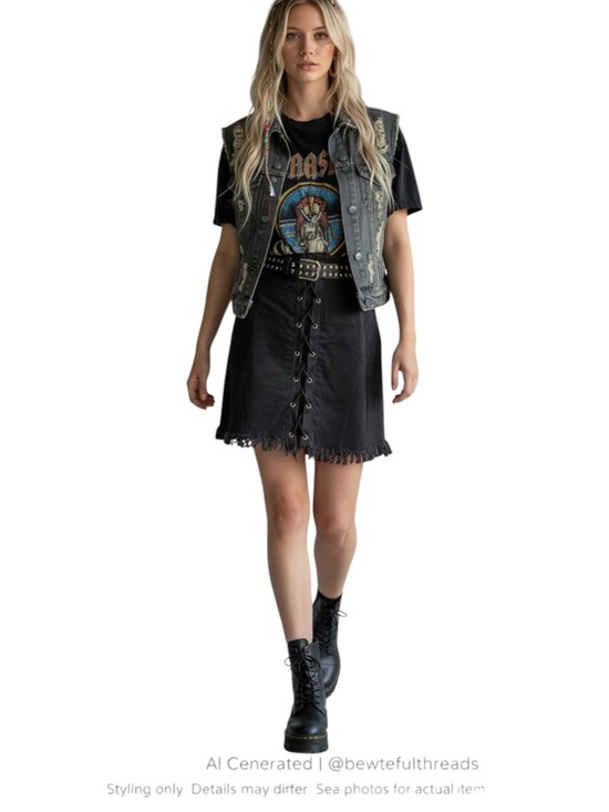 Hayden Dresses & Skirts - Goth Lace Up Mini Skirt Black Fringe Hem Grunge Festival Y2K